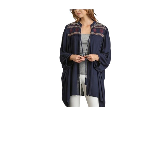 Umgee Tops - Umgee Embroidered Kimono Open Front‎ Tunic Top Bohemian Navy Blue M